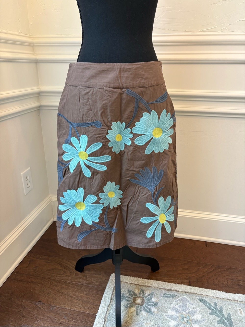 Boden Brown Floral Embroidered A-Line Skirt - Blue Daisy Detail